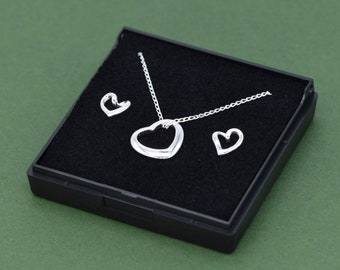 Genuine 925 Sterling Silver Floating Heart Necklace & Earring Set in Gift Box