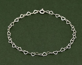 Genuine 925 Sterling Silver 3mm Heart Link Bracelet 6.5”, 7.5”, 8.5" Minimalist Layering Chain, Gift For Her, Valentines