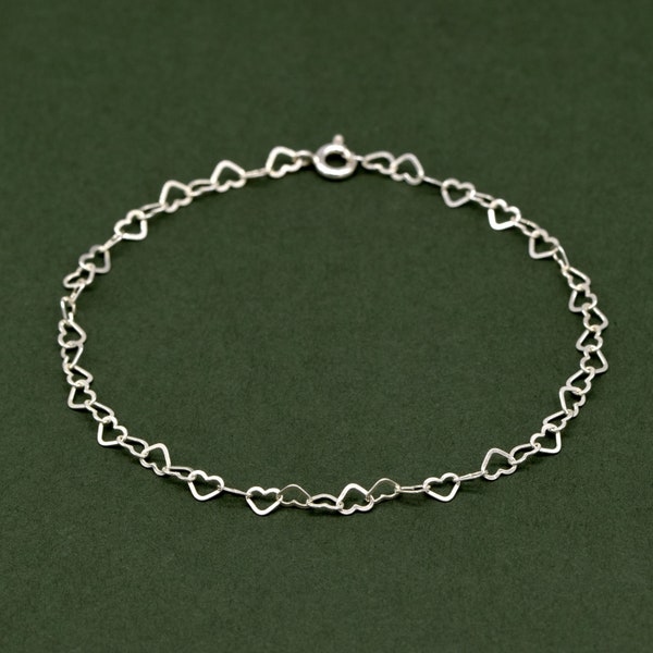 Genuine 925 Sterling Silver 3mm Heart Link Bracelet 6.5”, 7.5”, 8.5" Minimalist Layering Chain, Gift For Her, Valentines