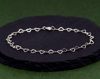 Genuine 925 Sterling Silver 3.6mm Chain Of Hearts Link Anklet, Minimalist Feminine Jewellery, Gift For Her