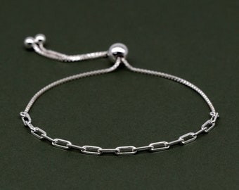 Genuine 925 Sterling Silver Adjustable Slider Bracelet - 2.7mm Paperclip Chain on 1mm Box Chain