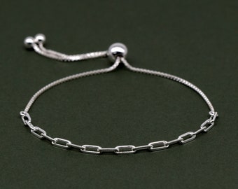 Echtes 925 Sterlingsilber-Schieberarmband - 2,7 mm Paperclip-Kette an 1 mm Box-Kette
