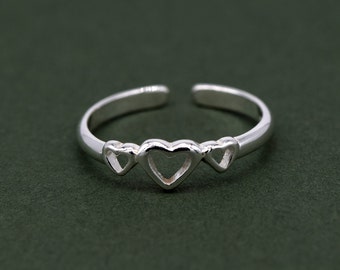 Genuine 925 Sterling Silver Triple Heart Toe/Adjustable Ring