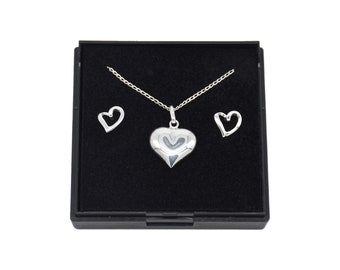 Genuine 925 Sterling Silver Puffed Heart Necklace and Earring Set In Gift Box