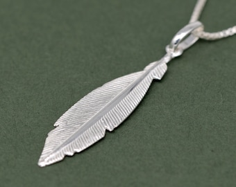 Genuine 925 Sterling Silver Feather Pendant Necklace on 14”-24" Box Chain