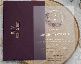 Burgundy Wedding Invitation: Personalized Acrylic with Gold Foil