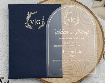 Custom Acrylic Wedding Invitation: Navy & Gold Foil, Elegant Design