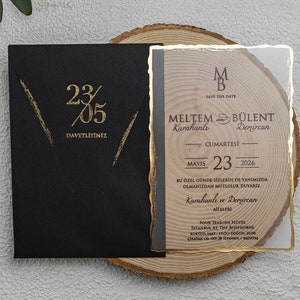 Hochzeitseinladung, Acryl Hochzeitseinladung, Schwarzgold Hochzeitseinladung, personalisierte Acryl Hochzeitseinladung, Echte Folie Einladung