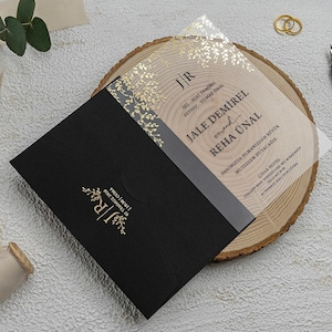 Zwarte elegante trouwkaarten, gepersonaliseerde mat acryl huwelijksuitnodiging, helder transparante bruiloft uitnodigingskaart, Quinceañera