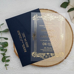 Unique Navy Blue Arch Invitation Gold Foil Acrylic Invite Minimalist Shape Wedding Invite Arched Clear Engagement Party Invitation image 1