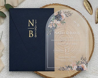 Personalized Frosted Acrylic Wedding Invitation: Navy Blue Floral Design