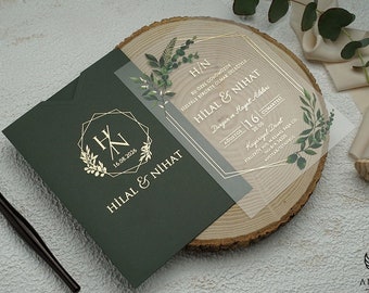 Invitación de boda acrílica, invitaciones de boda verdes elegantes, lámina real, invitación acrílica, invitaciones únicas, tarjeta de invitación, Opti de baja cantidad