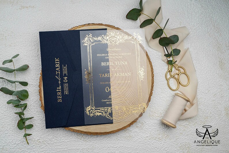 Unique Navy Blue Arch Invitation Gold Foil Acrylic Invite Minimalist Shape Wedding Invite Arched Clear Engagement Party Invitation image 2