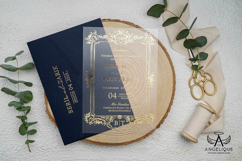 Unique Navy Blue Arch Invitation Gold Foil Acrylic Invite Minimalist Shape Wedding Invite Arched Clear Engagement Party Invitation image 1