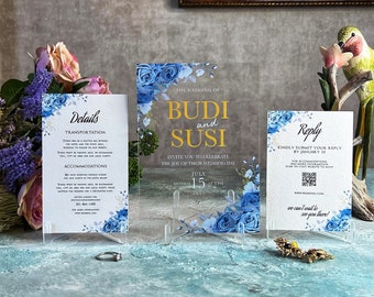 Custom Acrylic Wedding Invitation, Blue Flowers, Acrylic Invitation, Transparent Invitation, Natural Design Invitation, White Invites