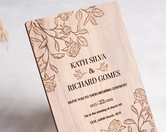 Custom Wood Wedding Invitation: Rustic Floral Engraved Set