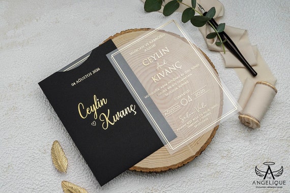 Metallic Gold Foil Acrylic Wedding Invitation: Black Unique Invites