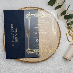 Unique Navy Blue Arch Invitation Gold Foil Acrylic Invite Minimalist Shape Wedding Invite Arched Clear Engagement Party Invitation image 3