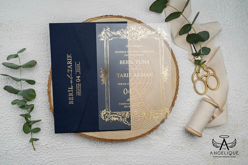 Unique Navy Blue Arch Invitation Gold Foil Acrylic Invite Minimalist Shape Wedding Invite Arched Clear Engagement Party Invitation image 3