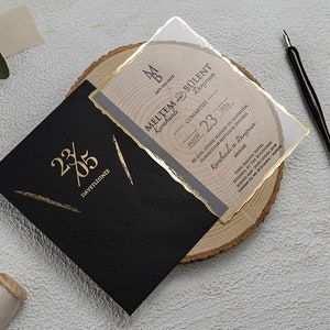 Waved Gold Foiled Edge Acrylic Luxury Clear Wedding Invitation with RSVP and Details, Gold Foil Black Envelope, Low Quantity Option, 10 - 20