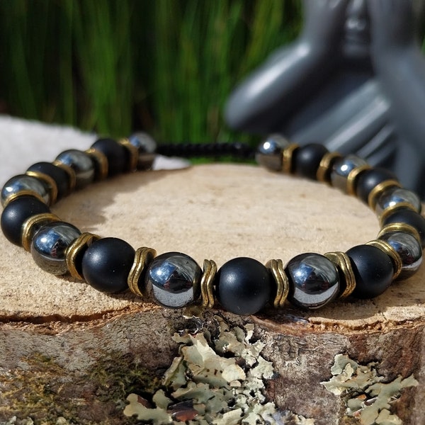 Bracelet pour homme en Onyx noir mat et Hématites