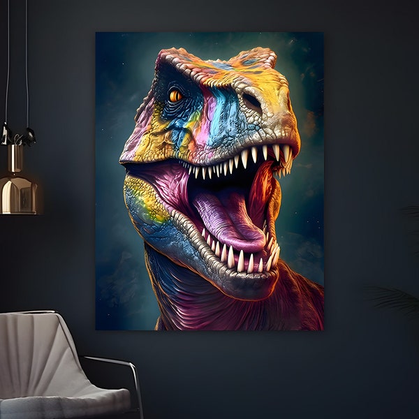 affiche à imprimer d'un T-rex rugissant tout couleur , illustration  parfaite pour votre décoration ou la chambre d'un ado