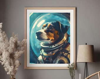 Quirky poster of a dog in space, the perfect decoration for space adventurers