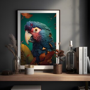 Impresión de póster de un loro colorido y vibrante, imagen de un loro perfecta para la decoración de su hogar.