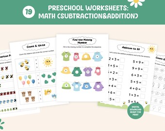 May include: A set of preschool math worksheets featuring subtraction and addition problems. The pages include counting exercises with bees, balloons, and bears, a find the missing number activity with clothing, and addition equations to twenty.