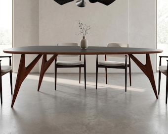 Handmade Italian Oval Dining Table – Sculptural Wood Base, Laminated Top