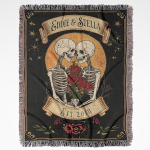 Personalized Skeleton Love Gift For Couples, Custom Spooky Woven Tapestry, Gothic Tarot Style, Wedding Anniversary Gift, Botanical Dark