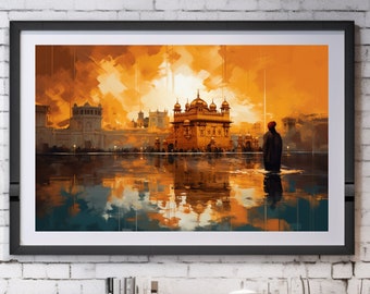 Könnte beinhalten: Ein gerahmtes Gemälde eines goldenen Tempels mit einer Person, die davor steht. Der Tempel spiegelt sich im Wasser vor ihm. Der Himmel ist orange und gelb und es gibt Wolken am Himmel.