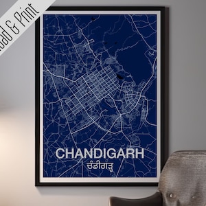 Chandigarh, Punjab Printable Map. Road Map Art Poster set of 4, White, Black, Blue and Yellow. Wedding Birthday Father&#39;s Day Gift.
