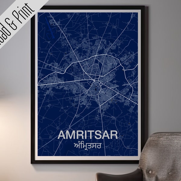 Amritsar, Punjab Printable Map. Road Map Art Poster set of 4, White, Black, Blue and Yellow. Wedding Birthday Father's Day Gift.