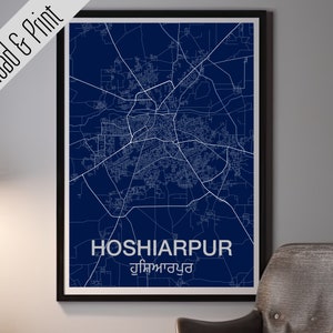 Hoshiarpur, Punjab Karte zum ausdrucken. Road Map Art Poster 4er Set, Weiß, Schwarz, Blau und Gelb. Hochzeit Geburtstag Vatertagsgeschenk.