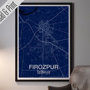 Firozpur, Punjab Karte zum ausdrucken. Road Map Art Poster 4er Set, Weiß, Schwarz, Blau und Gelb. Hochzeit Geburtstag Vatertagsgeschenk.