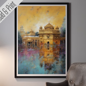 May include: A watercolour painting of a golden temple with a reflection in the water. The temple is surrounded by a blue and purple sky with white clouds.