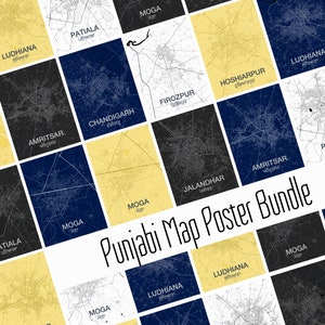 Stylish Maps of Punjab Bundle. Printable Map Posters. Eight maps each available in White, Black, Blue and Yellow.