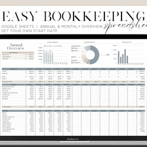 May include: A laptop screen displaying a Google Sheets spreadsheet for easy bookkeeping. The spreadsheet includes an annual overview, income and expenses, and sales tax. The spreadsheet is designed to help users track their finances and make informed decisions about their business.