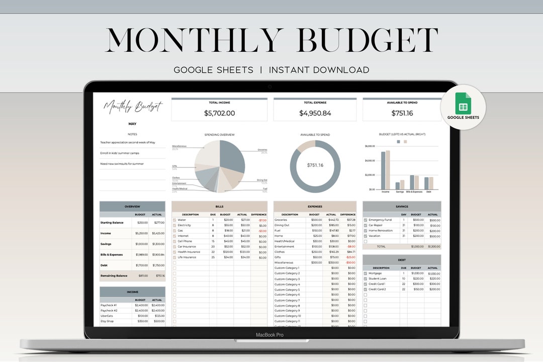 Monthly Budget Planner Monthly Budget Spreadsheet Template - Etsy