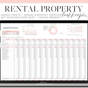 Op de afbeelding: Een laptopcomputer die een Google Sheets-spreadsheet weergeeft met de titel "Rental Property" en de tekst "Annual Overview". De spreadsheet bevat kolommen voor inkomsten, uitgaven en netto-inkomsten voor elke maand van het jaar. De spreadsheet bevat ook een cirkeldiagram dat de verdeling van de uitgaven laat zien.