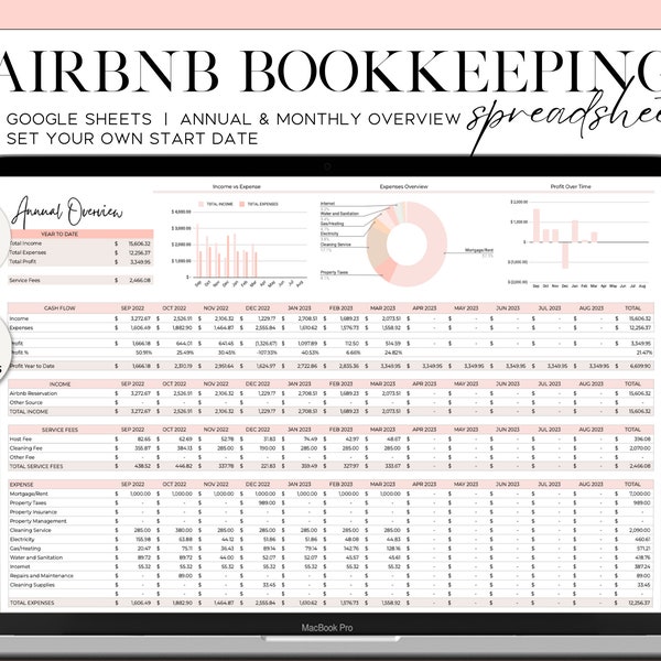 Airbnb-Tracker-Buchhaltung für Ferienunterkünfte, Airbnb-Buchführung, Airbnb-Mieteinkommen und -kosten-Tracker, Google Sheets-Kalkulationstabelle