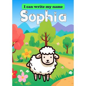 May include: A printable worksheet for kids to practice writing their name. The worksheet features a dotted line for tracing the letters of the name "Sophia" and a cartoon sheep in a green field.