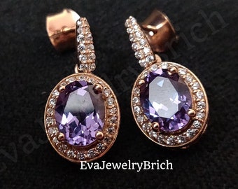 3Ct Oval Cut Amethyst 14K Rose Gold Plated Halo Engagement Drop/Dangles earrings February Birthstone, Lavender Earrings, Gift for Women&#39;s