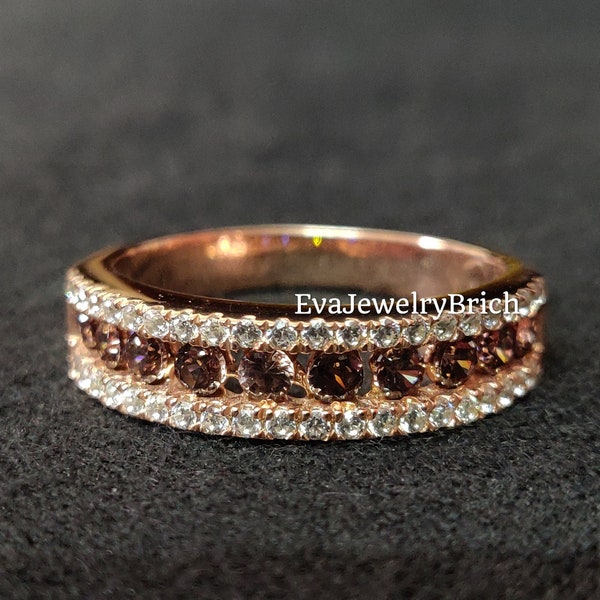 1.10Ct Round Cut Chocolate Diamond 14K Rose Gold Plated Half Eternity Wedding Anniversary Band Ring Matching Stackable Band For Women's Gift