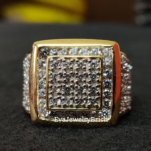 3Ct Round Cut Diamond 14k Yellow Gold Plated  Men&#39;s Ice out Ring Hip Hop Ring Diamond Cluster Band Square Statement Pinky Ring For Men&#39;s