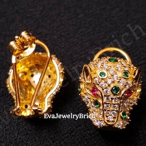 Panther Stud Earrings, Animal Lover Earring Wild Animal Earrings, Gift For Graduation Christmas Ruby Eye Diamond and Emerald 18k Gold Plated