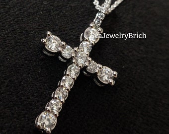 2Ct Round D/FL Moissanite 18k White Gold Plated Cross Necklace, Diamond Religious Cross Pendant, Deliciated Cross Pendant For Women&#39;s  Gift