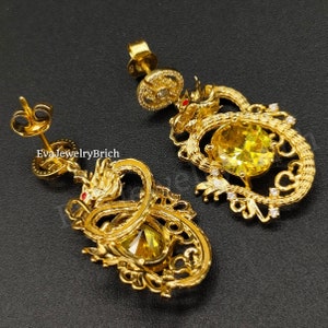Citrine Chinese Dragon Drop Earrings - Dangle Gemstone Jewelry for Women, Year of the Dragon, Dragon Ear Stud, Best Holiday Gift