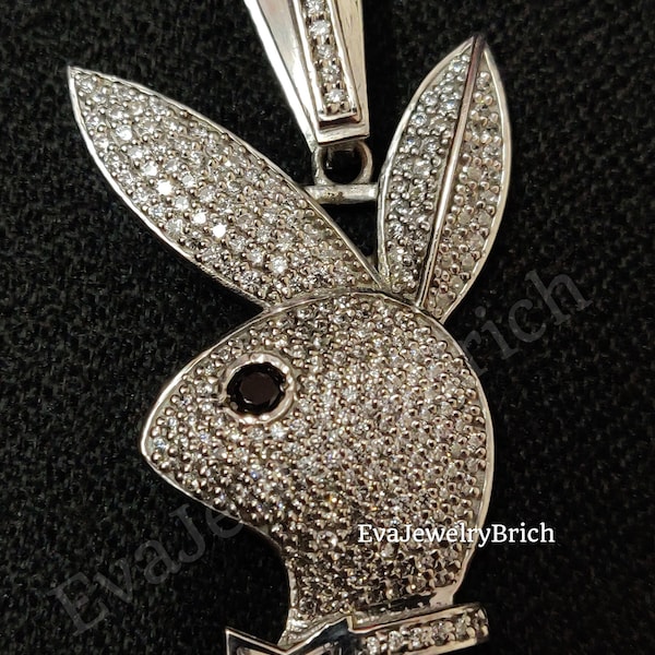 Custom Made Iced Out Playboy Bunny Pendant - Iced Out Silver Rabbit Jewelry - Rabbit Pendant - Bunny Pendant Hand Made Cz/Moissanite Animal